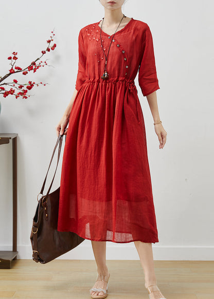 Red Embroidered Linen Cinched Dress Summer