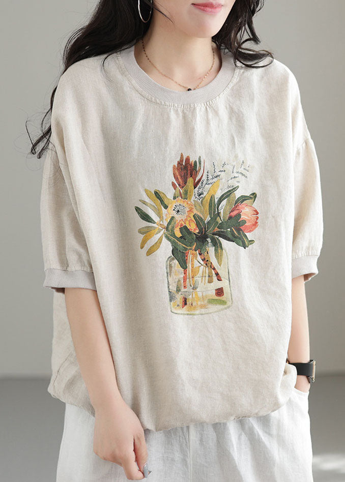 White Print Linen Sweatshirts Top O-neck Oversized Short Sleeve
