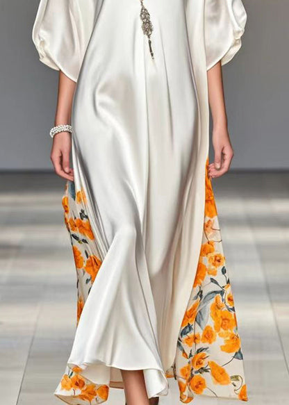 White V Neck Patchwork Print Silk Party Dress Summer