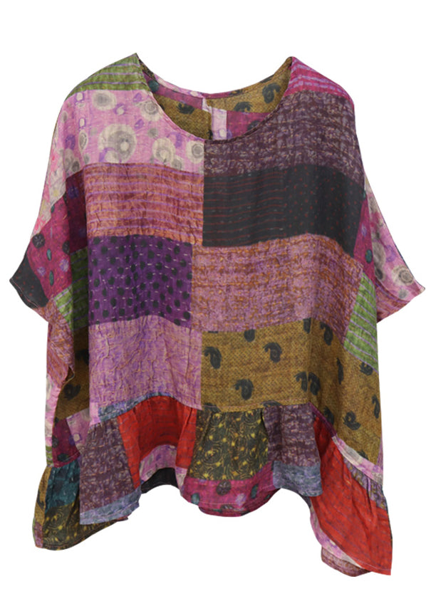 Purple Print Linen Top Short Sleeve