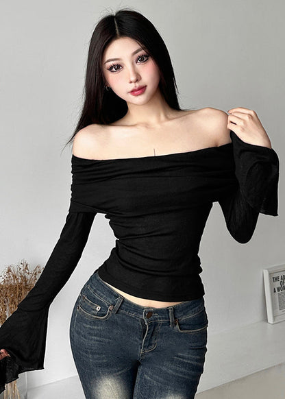 Style Black Cold Shoulder Cotton Blouse Top Long Sleeve