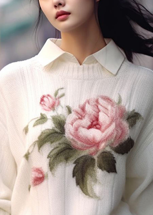 White O Neck Print Cozy Knit Sweaters Fall
