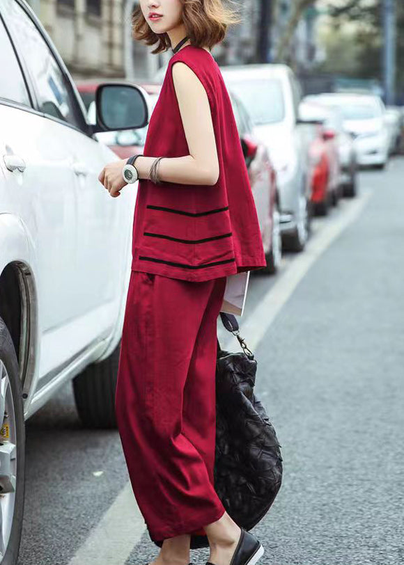 Loose Red O-neck Patchwork Top and Crop Pants Two Piece Set Clothing Summer