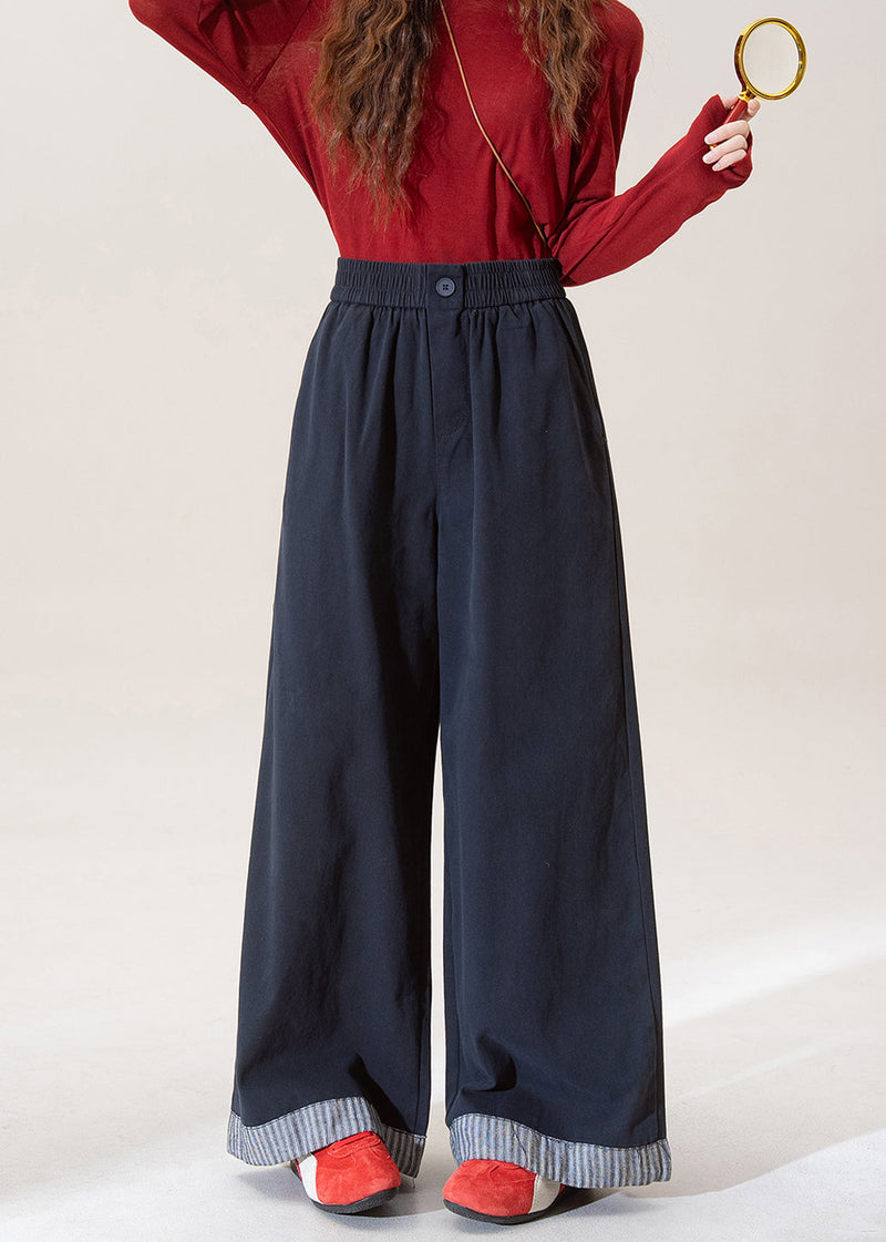 Stylish Blue Elastic Waist Patchwork Denim Wide Leg Pants Fall
