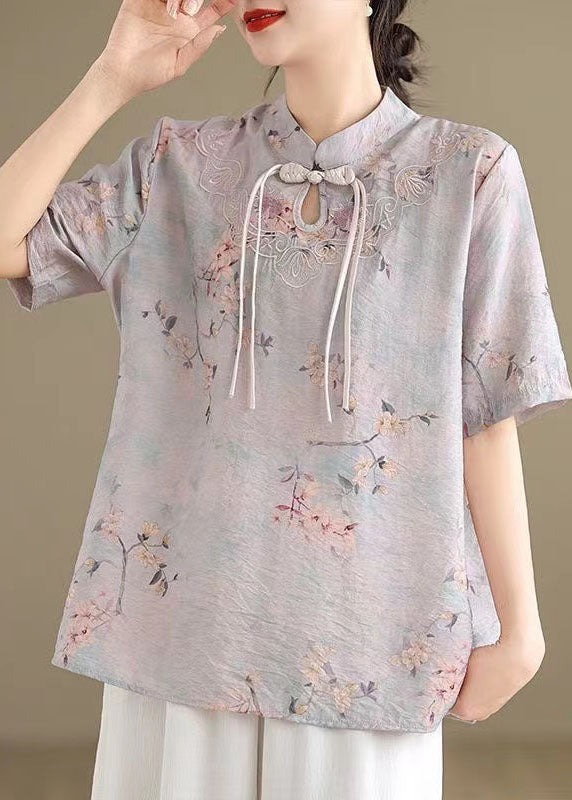 Light Purple Tasseled Print Cotton Top Short Sleeve