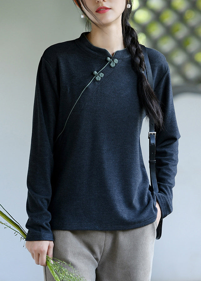 Coffee Stand Collar Oriental Button Cotton Tops Spring