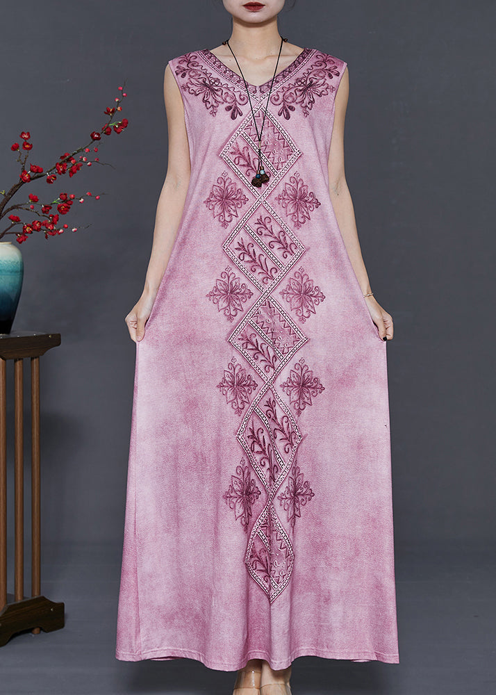 Purple Embroidered Tie Dye Cotton Dress Sleeveless
