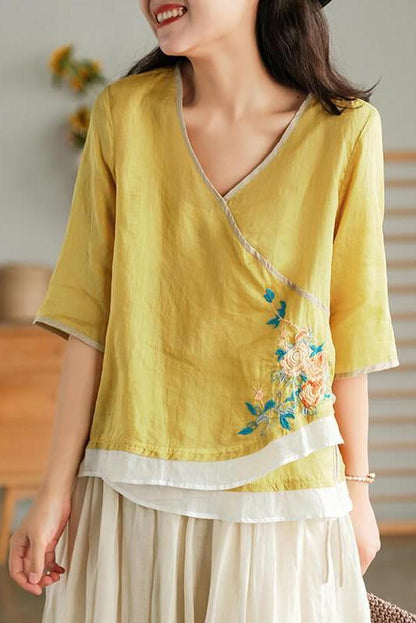 Lace-up Ramie Embroidered T-shirt