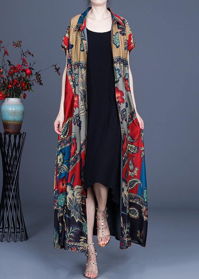 Stylish Red Grey Print Summer Peter Pan Collar Cardigan Long