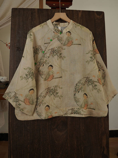 Print Ramie Stand Collar Loose Shirt