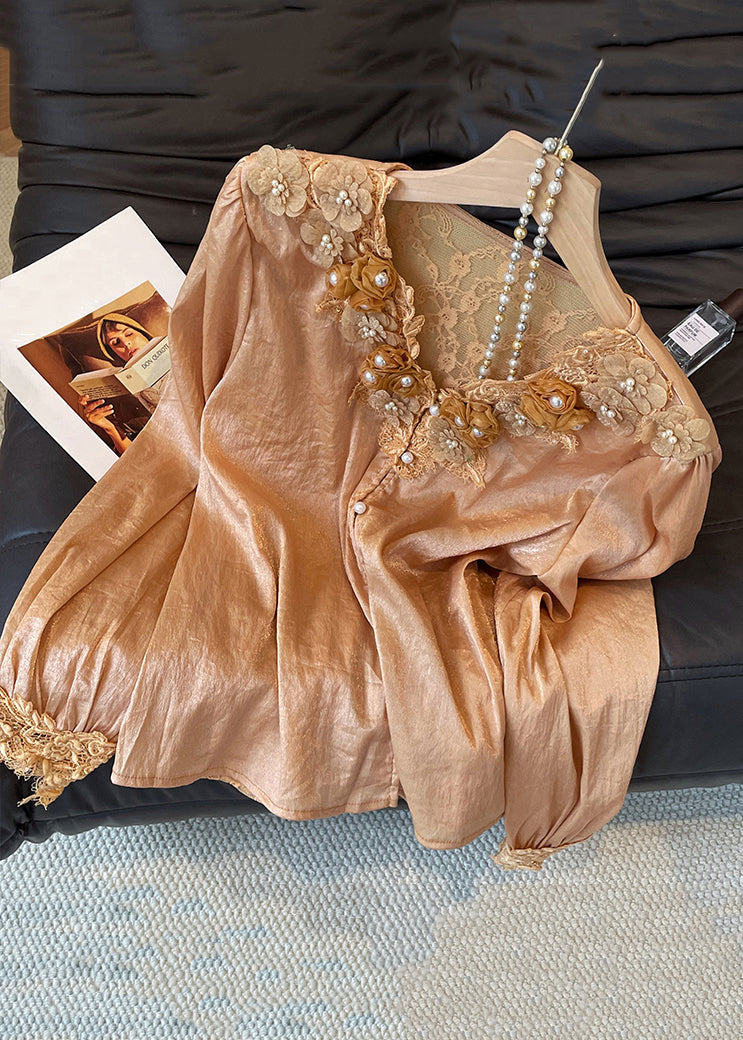 V Neck Button Lace Patchwork Silk Shirt Fall