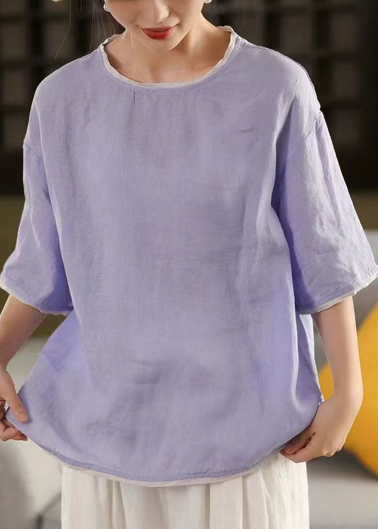 Art Blue O-neck Patchwork Linen Tank Tops Half Sleeve