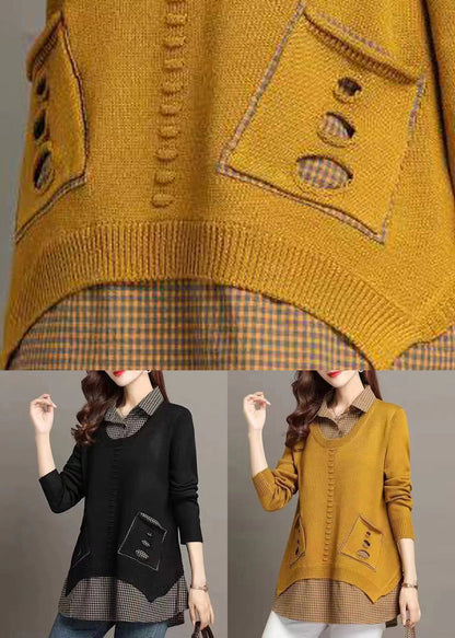 New Yellow Peter Pan Collar Plaid Patchwork Knit Sweater Fall