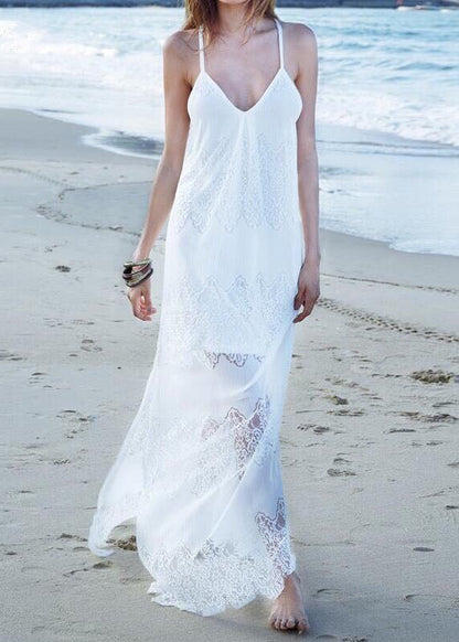European and American Style White V Neck Lace Spaghetti Strap Dress Summer
