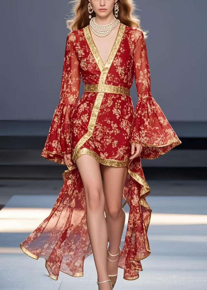 Red Print Asymmetrical Design Chiffon Mid Dress Flare Sleeve