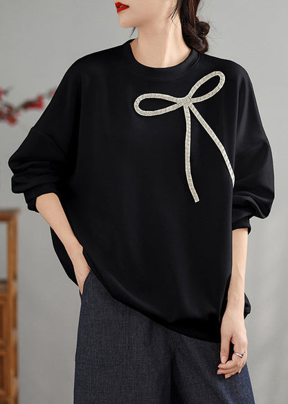 Black O Neck Bow Cotton Pullover Top Spring