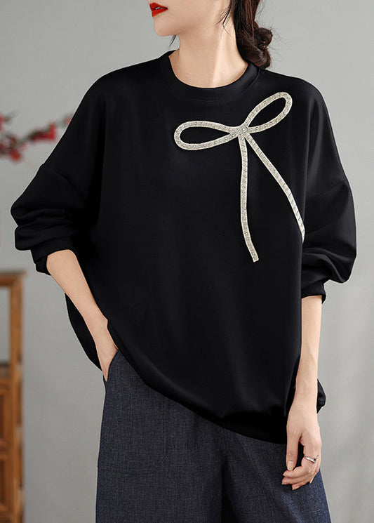 Black O Neck Bow Cotton Pullover Top Spring