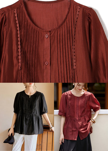 Black O-neck Ruffled Wrinkled Silk Tops Short Sleeve