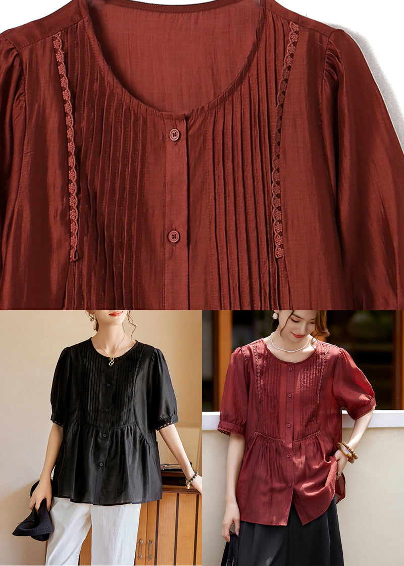 Black O-neck Ruffled Wrinkled Silk Tops Short Sleeve