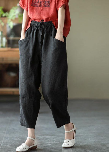 Art White Stripes Tie Waist Pockets Summer Harem Pants Linen