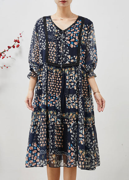 Navy Oversized Print Chiffon Mid Dress Summer