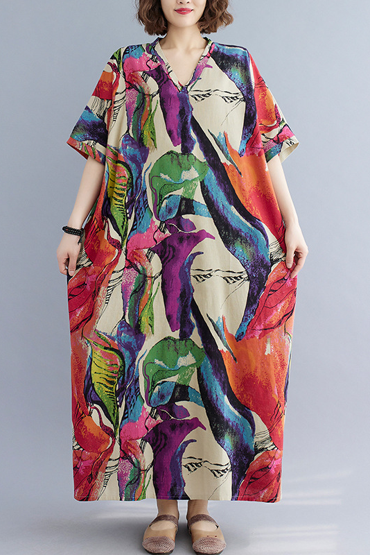Cotton Linen V-neck Loose Long Dress Short Sleeve Printed Dress