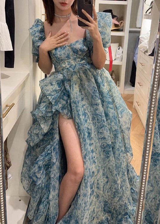 Blue Print Ruffled Side Open Chiffon Maxi Dresses Summer
