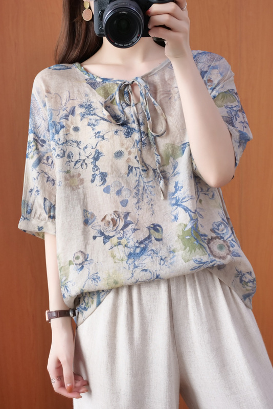 Summer Tencel Shirt Loose Thin Short Sleeve T-shirt Tops