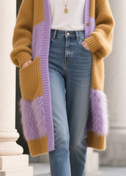Colorblock Oversized Patchwork Faux Fur Knit Cardigan Winter