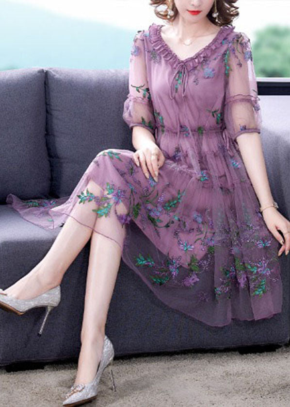 Purple Embroidered Tulle Holiday Dress Short Sleeve