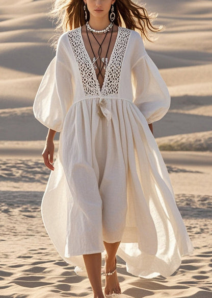 White V Neck Patchwork Lace Long Dresses Lantern Sleeve