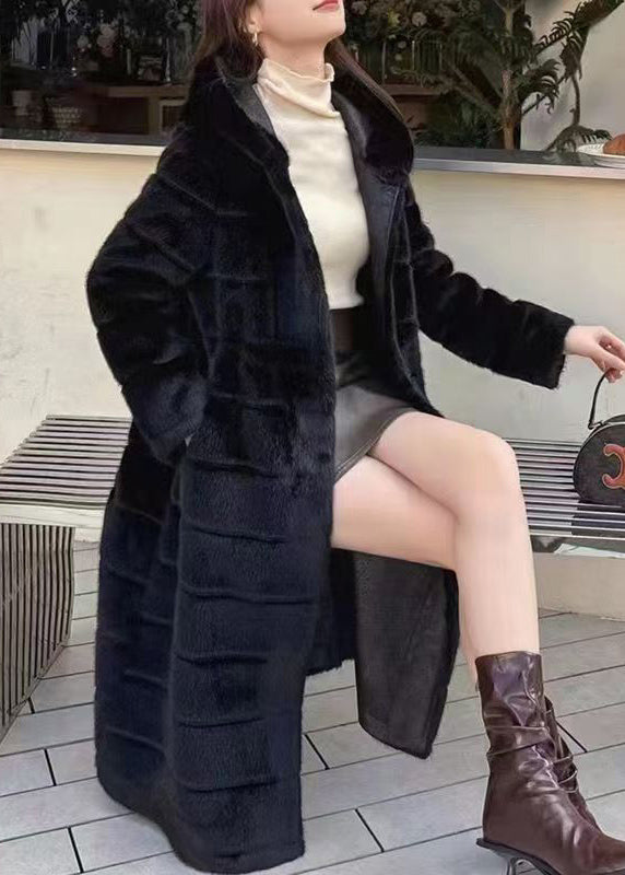 Beige Hooded Pockets Leather and Fur Long Coats Winter