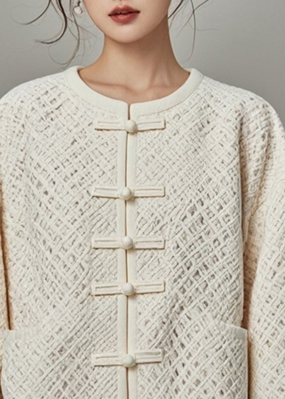 Fitted Beige O-neck Hollow Out Fall Coat