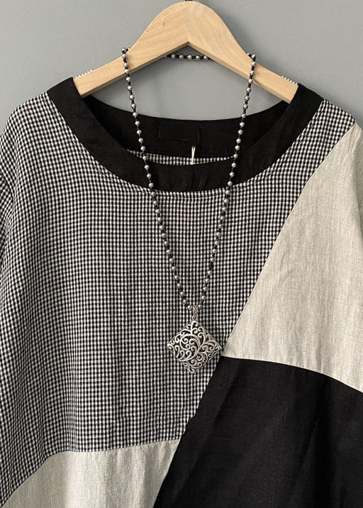 Plaid Print O Neck Patchwork Cotton Mid Dress Summer