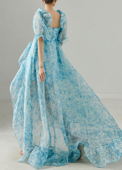 Blue Print Chiffon Full Dress Exra Large Hem Summer
