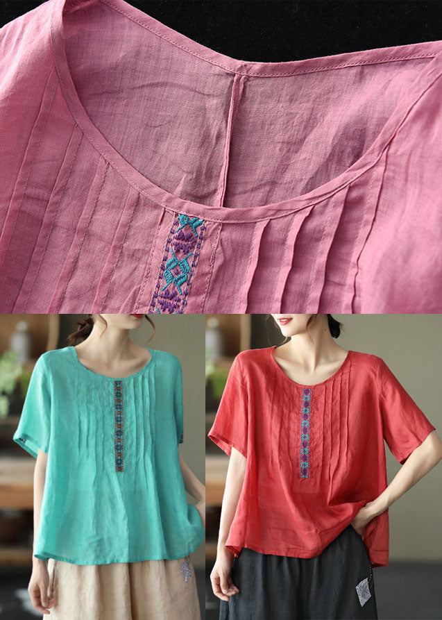 Lake Green O-neck Linen Tops Short Sleeve