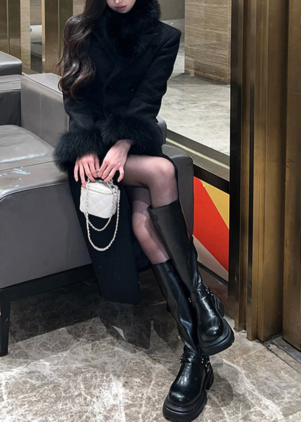 Black Fur Patchwork Woolen Fine Cotton Filled Coat Winter