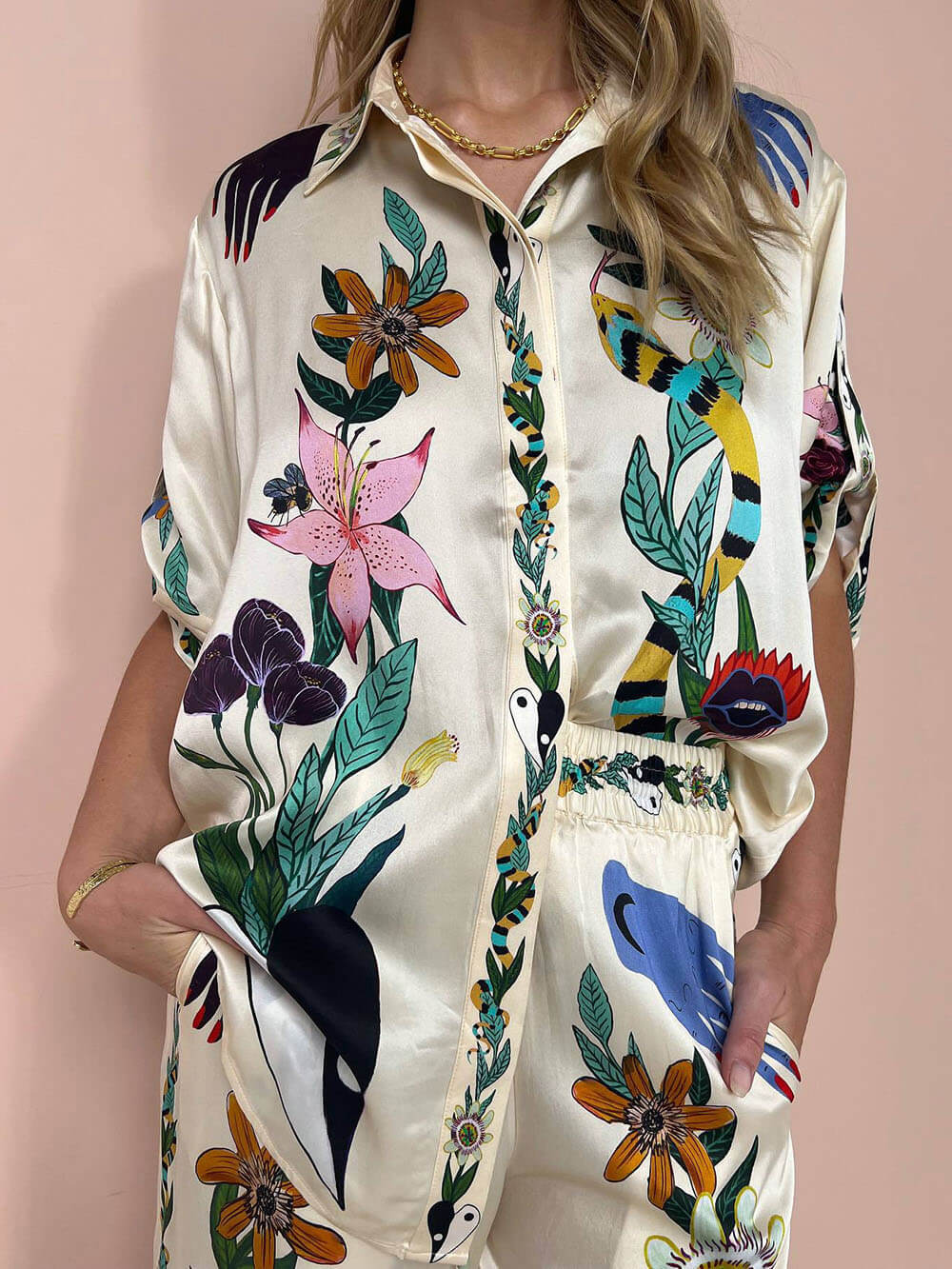 Sophisticated Feel Satin Modern Unique Print Button Down Oversized Blouse