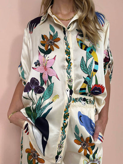 Sophisticated Feel Satin Modern Unique Print Button Down Oversized Blouse