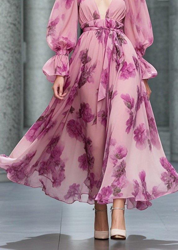 Diy Pink Deep-v Neck Print Chiffon Vacation Dresses Fall