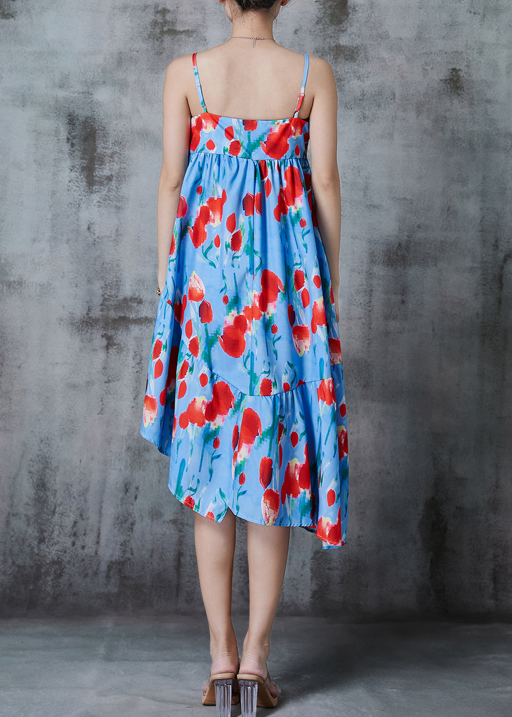 Blue Asymmetrical Print Cotton Summer Dress