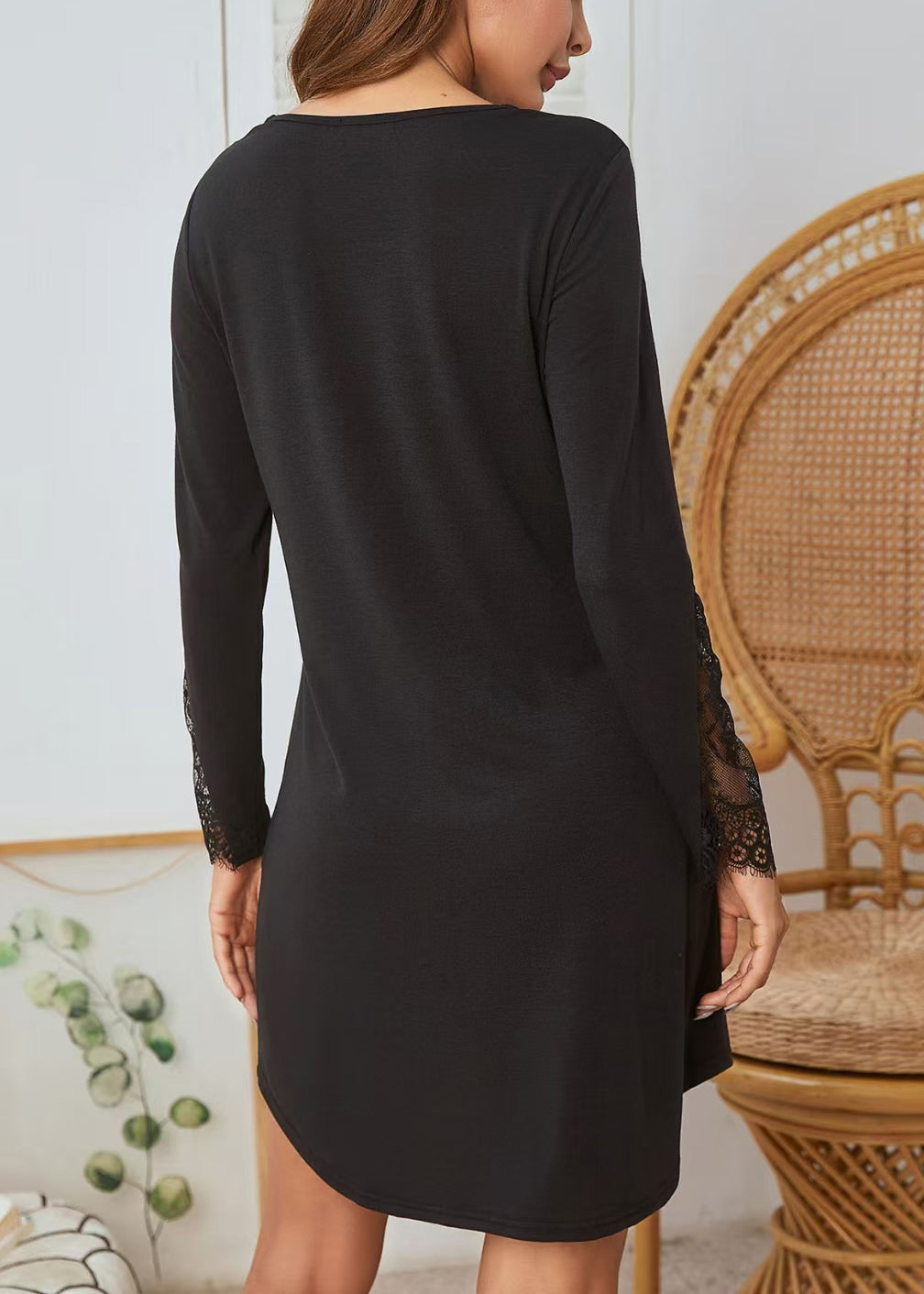 Black Lace Patchwork Cotton Spring Pajamas Dresses V Neck