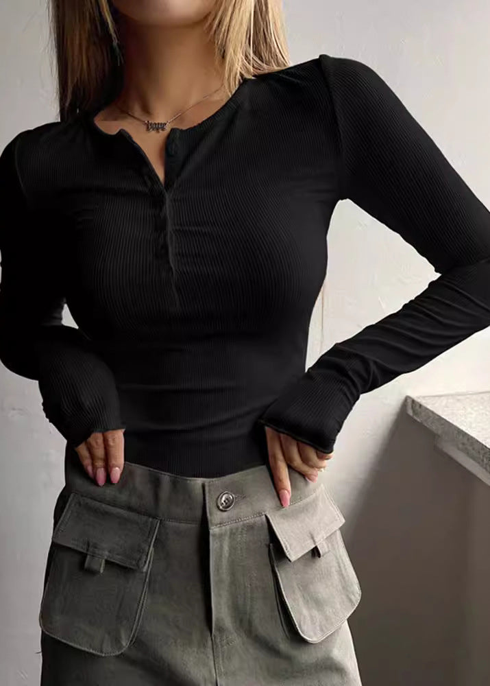 Pink O Neck Button Slim Fit Knit Top Fall