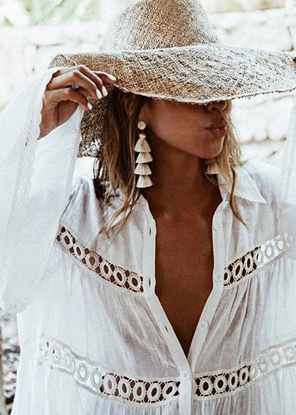 White Peter Pan Collar Hollow Out Cotton Shirt Long Sleeve