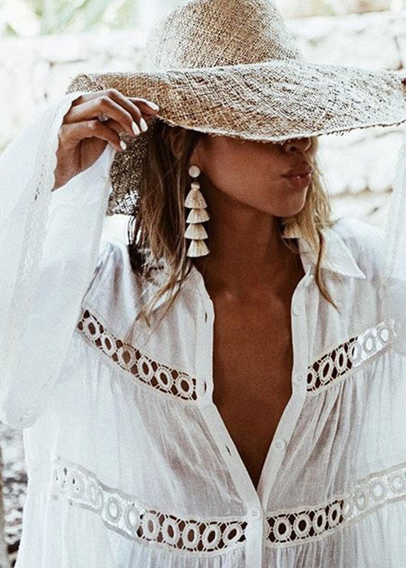 White Peter Pan Collar Hollow Out Cotton Shirt Long Sleeve