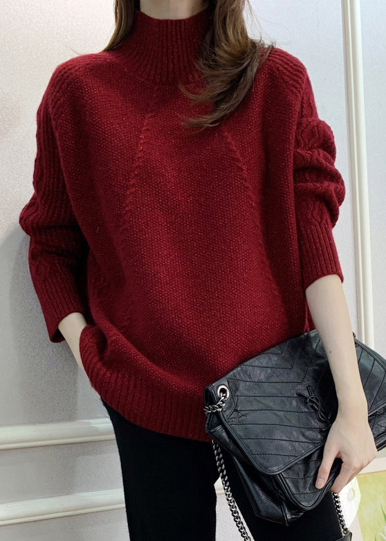 Red Turtleneck Cozy Cotton Knit Sweater Fall