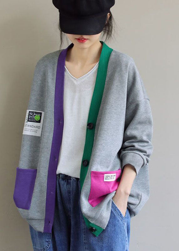 Grey V Neck Patchwork Cotton Cardigans Coats Spring