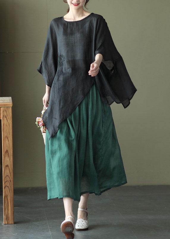 Art Black Phoenix Asymmetrical Design Embroidered Summer Ramie Shirt Tops