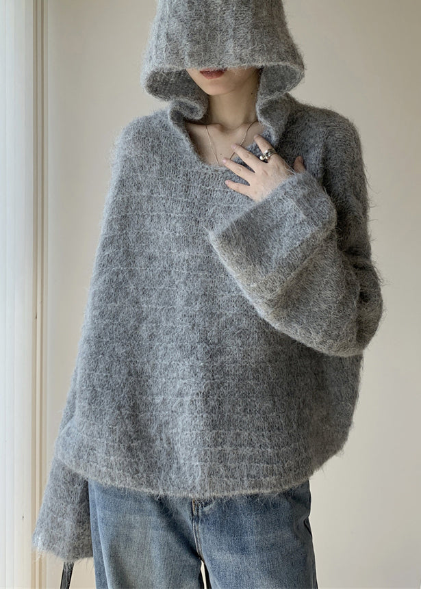 Grey Hooded Cotton Knit Sweaters Winter