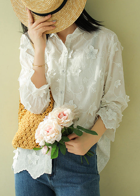 French White Peter Pan Collar Embroidered Button Cotton Shirts Long Sleeve